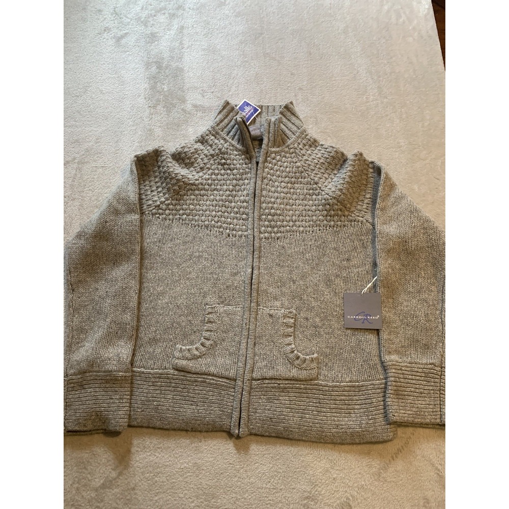 CARROLL REED Women's Large 100% Lamb's Wool Zip Up Gray Cardigan Sweater NEW NWT
